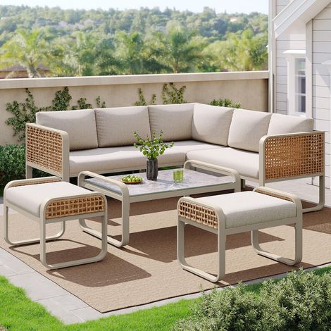 Ensemble de salon de jardin 6 pièces, avec canapé d'angle, structure en fer laqué, pieds réglables – Coussins d'assise et de dossier inclus, Beige (1/5)