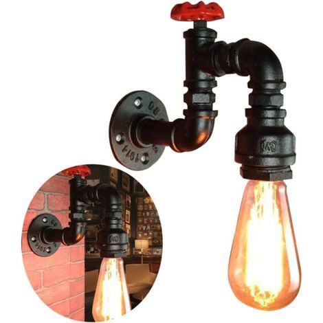 Tuyau D'eau Fer Lampe Appliqué Murale Interieur Retro Vintage Industrielle Originale Robinet Conception en Fer Noir avec Bride et Accessoires d’installation, Douille E27 220V (ampoule non inc (1/5)