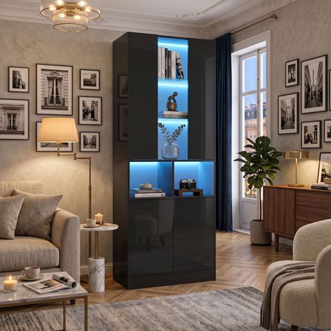 Creahappy Meuble Vitrine LED 70x35x180 cm - Colonne Rangement Gain de Place - Portes Acrylique & Étagères - Noir Brillant (1/5)