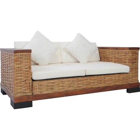 Canapé 2 places en rotin naturel avec coussins marron et blanc crème, 155 x 78 x 56 cm - PANGIVO (1/5)