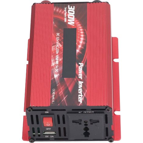 300-W-Kfz-Stromwandler (12 V DC auf 220 V AC) mit Wechselrichter, Ladegerät, Kfz-Steckeradapter, 2,0-A-USB-Anschluss, Lüfter und LCD-Display (rot) (1/5)