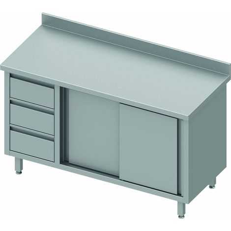 Meuble Bas Inox Avec Dosseret - Porte Coulissante & 3 Tiroirs - Gamme 700 - Stalgast