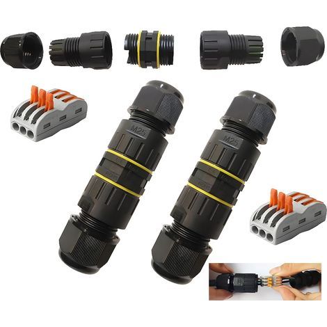 Boîte de distribution étanche, gaine de câble étanche, avec bornes à 3 pôles pour un diamètre de câble de Ø 5 mm-9 mm, connecteur de câble, IP 68, (2 pièces, noir) (1/5)