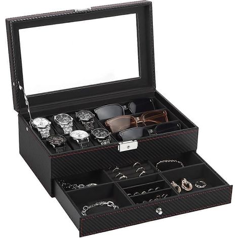 Boîte à montres, coffret à bijoux pour homme, porte-montres verrouillable à 2 niveaux -- (1/5)