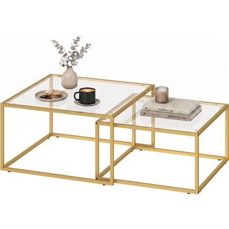 Table basse Vilea gigogne moderne verre trempé métal doré (1/5)
