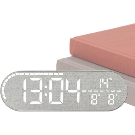 Reloj despertador digital con pantalla grande, función de repetición, atenuación de 4 niveles, indicador de fecha y día. Reloj electrónico moderno para sala de estar y dormitorio, color gris. (1/5)
