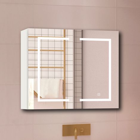 Aica Armoire avec miroir LED de Salle de Bain Murale, 80x70cm avec Prise Rasoir, Anti-Buée, Tricolore LED, 2 Étagères Réglables, Blanc