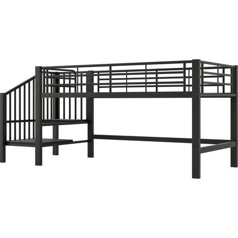 Lit mezzanine mi-hauteur 90 x 200 cm avec escalier de rangement en métal noir (1/5)