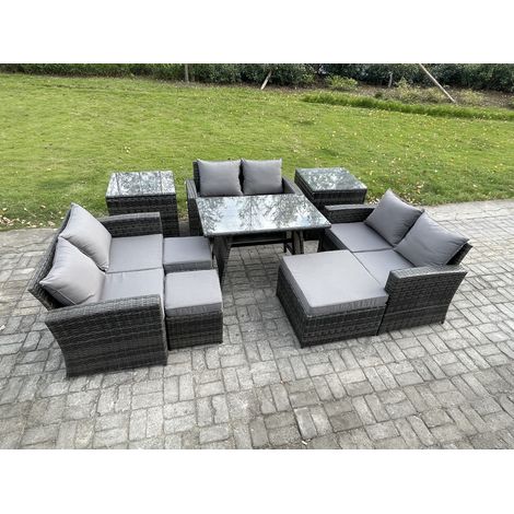 Fimous Garten Sofa im Freien Set Polyrattan Gartenmöbel Set mit Rechteckiger Esstisch 2 Seat Sofa 3 Hockern 2 Beistelltischen Dunkelgrau Gemischt (1/5)