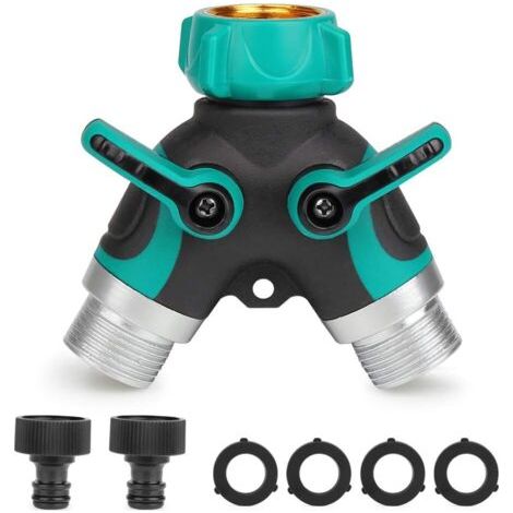 Distributeur à 2 voies Séparateur de Tuyau Y-Distributeur 3/4” Raccord Tuyau D'arrosage avec 2 Sorties Vannes 26,5 mm Débit D'eau Réglable et Verrouillable 2 Connecteurs et 4 Rondelles (1/4)