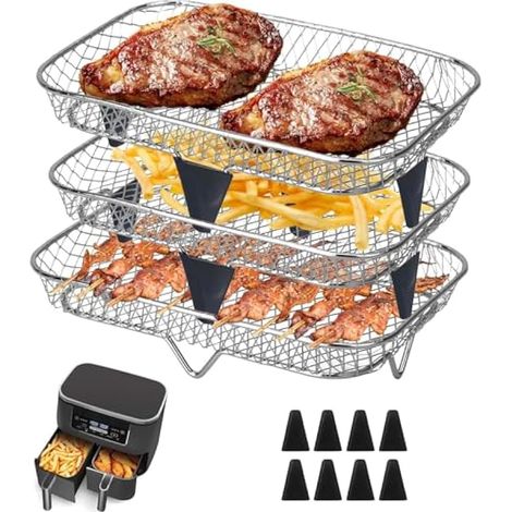 Grille 3 étages pour friteuse à air Ninja Dual Basket, support à bacon empilable en acier inoxydable 304, accessoires compatibles Ninja AF300UK / Double Stake XL SL400UK / Instant / EMtronics 2 bacs (1/5)