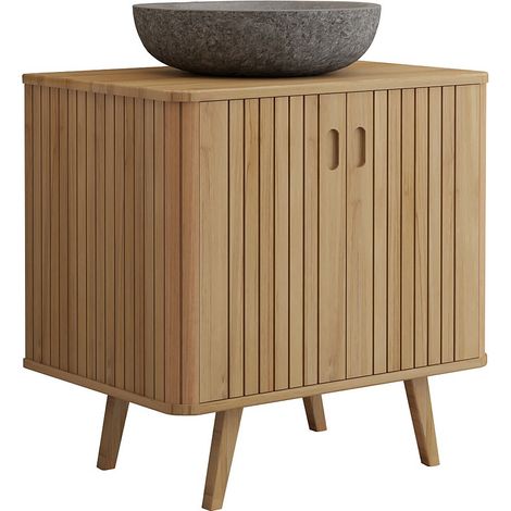 Mobile bagno con piedi in teak e lavabo da appoggio grigio in pietra 80 cm - WAMENA