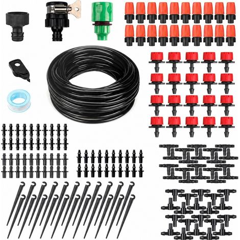 Kit d'irrigation goutte à goutte avec buses réglables et tuyaux de distribution, pour jardin, serre, terrasse et pelouse.