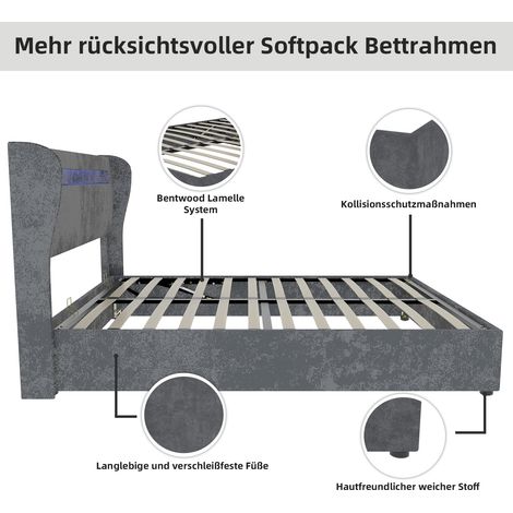 Lit rembourré moderne et minimaliste avec tête de lit souple intégrant un éclairage LED, 140 x 200 cm, gris, meuble de chambre multifonctionnel, sommier coffre haut avec mécanisme de levage à gaz, mat (1/5)