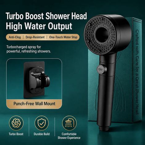(Ensemble de douche noir 4 pièces) Pommeau de douche haute pression Turbo Fan avec filtre, douchette à main économique en eau, jet à arrêt automatique pour salle de bain (1/5)