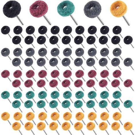 Lot de 100 roues abrasives de 2,5 cm avec tige de 3 mm pour outil rotatif électrique, 20 pièces de chacune des mini brosses de polissage grain 80 150 240 400 600 pour enlever la rouille (1/5)