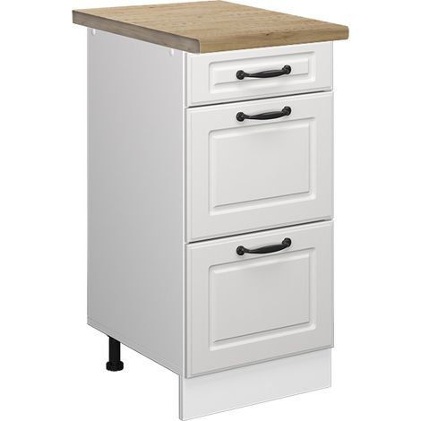 Mueble bajo de cocina R-Line, Blanco casa de campo, 40 cm con cajones, ET Roble, Vicco