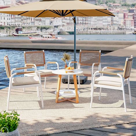 Lot de 4 Chaises de Jardin en Rotin avec Coussins, Fauteuils Extérieurs avec Accoudoirs et Structure Métallique (1/5)