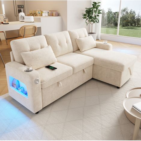 Sofá cama rinconero 206x131x85 cm beige en chenilla con almacenaje, USB/USB-C, LED y chaise longue reversible (1/5)
