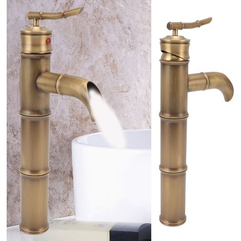 Robinet tout cuivre de style européen antique, robinet de lavabo rétro à un trou avec joint en bambou, robinet pour lavabo de salle de bain, robinet d'eau chaude et froide. (1/5)