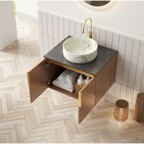 Mobile lavabo sospeso 61 cm moderno, lavabo tondo in ceramica bianco effetto pietra, piano nero, 2 ante, rovere marrone (1/5)
