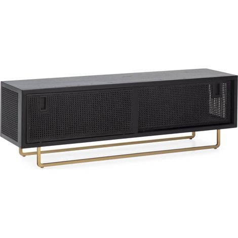 Meuble TV /Audio 160 x 42 x 52 cm Bois, Rotin, Métal - Noir, Doré (1/4)