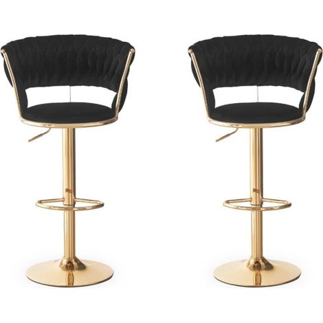 Lot de 2 Chaises de Bar en Velours "Odyssée" 87-109cm Noir & Or (1/5)