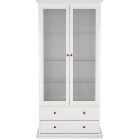 Venedig Vitrinenschrank 2-Türig mit 2 Schubladen, Breite 97 cm, Höhe 201 cm weiß.