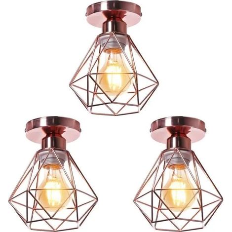 U-DO 3Pcs Plafonnier Cage en forme Diamant en Métal Or Rose style Vintage pour Salon Cuisine Couloir Salon (1/4)