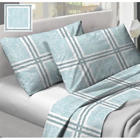 Completo Lenzuola In 100% Cotone Disegno Tartan Colore Azzurro Modello O.B., misuraSingolocoloreAzzurro (1/4)