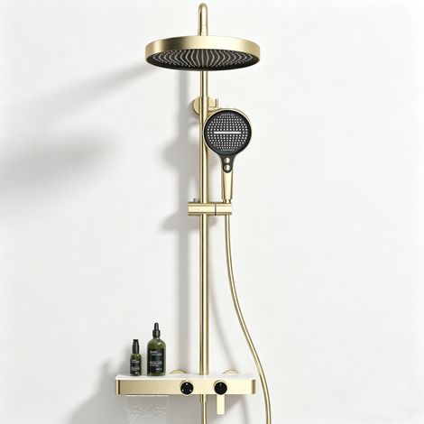 Ensemble de système de douche salle de bain, contrôle chaud et froid, mitigeur multifonction à boutons, douchette à main incluse, finition dorée (1/5)