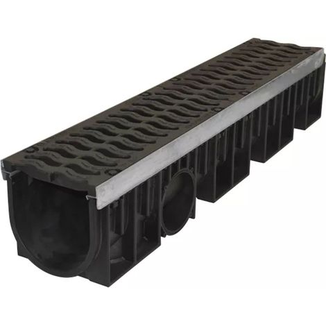 Nicoll – Caniveau d'évacuation 1m – 2 grilles fonte – feuillures en acier – Polypropylène noir pour chantiers humides