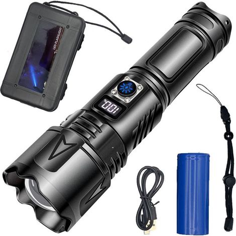 Lampe Torche LED Ultra Puissante, Lampe de Poche Rechargeable USB C, Multifonction Longue Portée Tactique Torches, Zoomable IPX6 Etanche Flashlight, LCD Affichage, Pour Camping [Classe énergétique A+ (1/3)