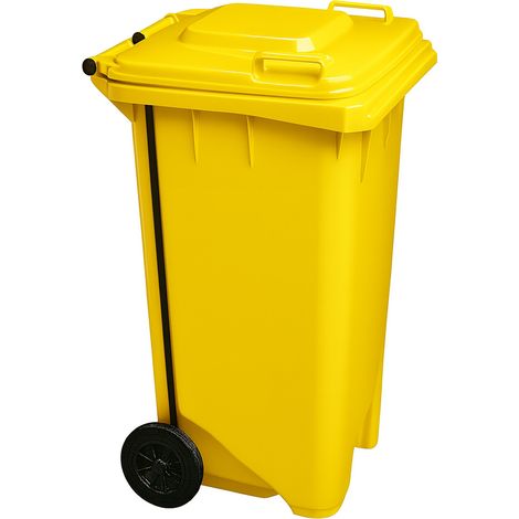 Cubo Basura 120 Litros con Pedal y Ruedas Amarillo Contenedor Residuos HDPE Robusto Cierre Hermético con Asas Industrial (1/5)