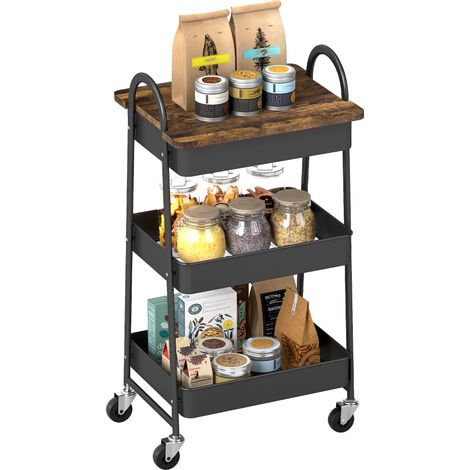 Rustic Brown and Black 3-Tier Kitchen Storage Cart on Wheels with Covered Top Board for Easy Organization