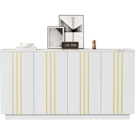 Buffet de rangement 140 x 35 x 70 cm - Blanc et or - 4 portes - Lignes dorées - Étagères réglables (1/5)