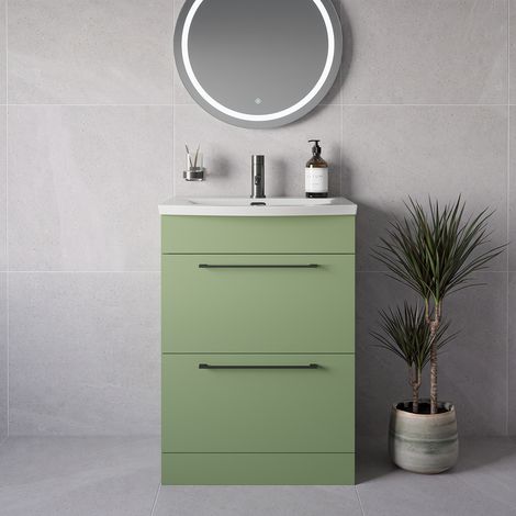 Napoli 390 Olive Green 600mm 2 Drawer Vanity Unit with Arc Basin - 600mm - Gunmetal Grey 320mm Handle