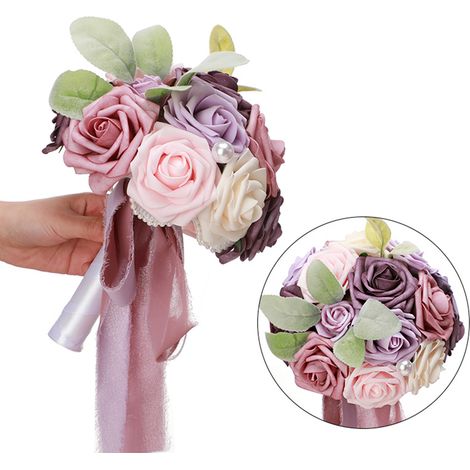 Realistischer und romantischer Brautstrauß, vielseitiger künstlicher Blumenstrauß für die Braut, helllila (1/2)