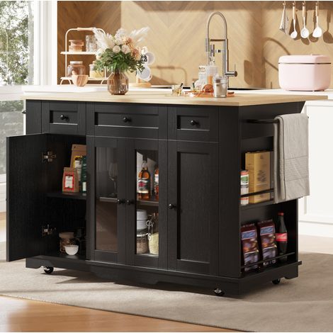 Îlot de cuisine 151,5x60x91,7 cm MDF et métal noir, rangement gain de place pour cuisine – MEUBLIV (1/5)