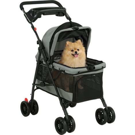 Poussette canine pliable grise 73x50x96cm, 4 roues EVA, hublots en filet, laisse de sécurité, coussin démontable