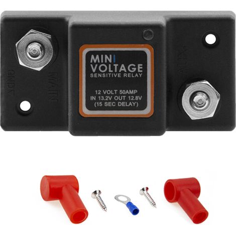 Spannungsgesteuertes Relais (VSR) 12V 50A für Doppelbatteriesysteme mit automatischer Ladefunktion und intelligentem Batterietrennschalter für Kraftfahrzeuge.