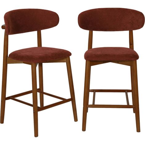 sweeek - 2er-Set Barhocker aus nussbaumfarbenem Heveaholz mit Chenille-Bezug Nussbaumfarben / Bordeaux (1/5)
