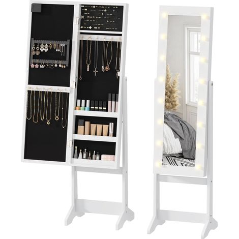 Armoire à bijoux armoire de rangement sur pieds boîte à bijoux avec miroir multi-rangements éclairage LED blanc