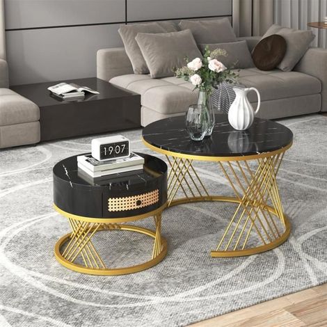 Table basse ronde, 2 en 1, MDF, plateau en marbre, tiroirs en rotin plastique, pieds en métal doré, noir
