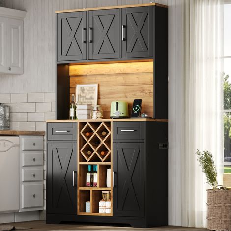 Credenza cucina alta 105 x 40 x 180 cm in MDF nero e effetto legno HAVRYA (1/5)