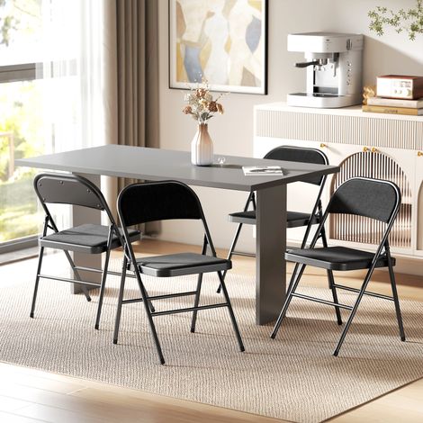 4er-Set Klappstühle, Tragbare Bürostühle, Metallbeine, Faltstuhl für Büro, Empfang, Wartezimmer, Leinenoptik, Schwarz