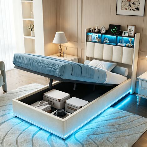 JOOKGBD-Polsterbett 90x200cm mit LED und USB,Einzelbett mit Stauraum-Kopfteil,Jugendbett mit Offene Fächer und Lattenrost,für Erwachsene,Jugendliche,Ohne Matratze,Samt,Weiß