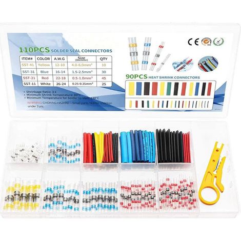 110-teiliges Set wasserdichter elektrischer Steckverbinder mit Schrumpfschlauch, isolierte Lötösen (rot, blau, weiß, gelb) und Crimpzange – sortiertes Box-Set für Kfz-Reparaturen und Verkabelung-lsw (1/2)