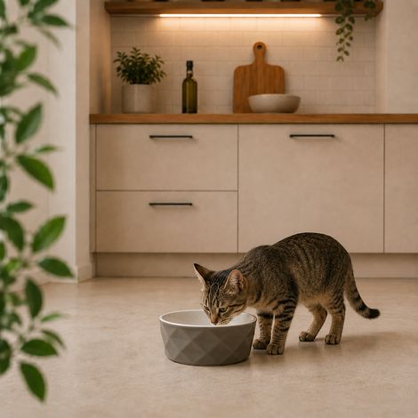 belviona Katzennapf aus Keramik, rutschfester Futter- & Wassernapf mit Silikonboden, robust & spülmaschinengeeignet, 350 ml, dunkelgrau/hellgrau matt (1/4)