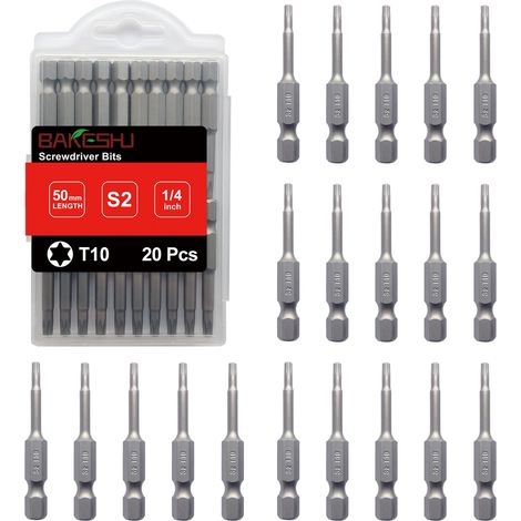 Embouts T10 x 20 pièces, embout Torx T10 1/4" entraînement hexagonal (longueur : 50 mm) (1/4)